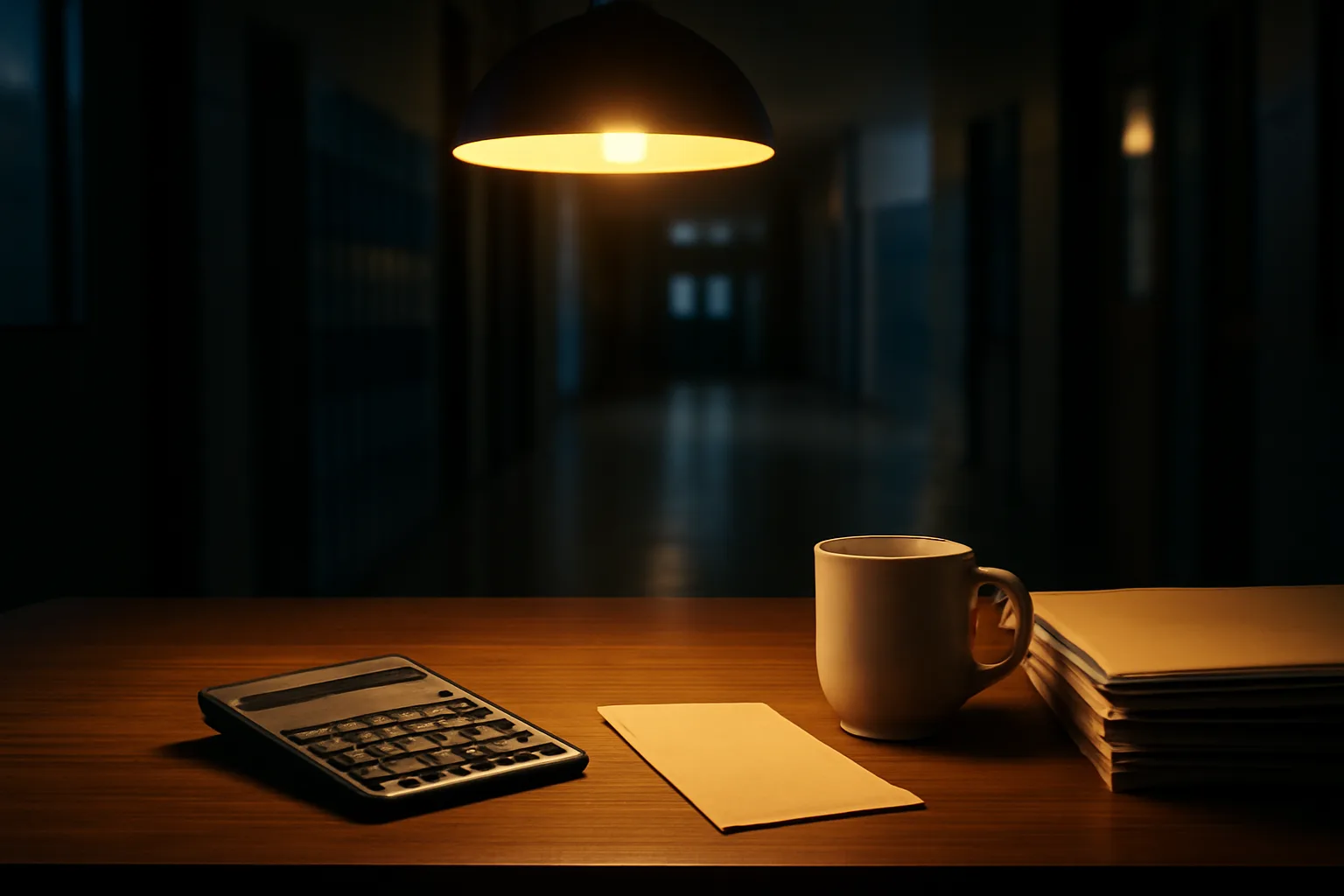Volunteer treasurer's desk with calculator and folders in a school hallway
