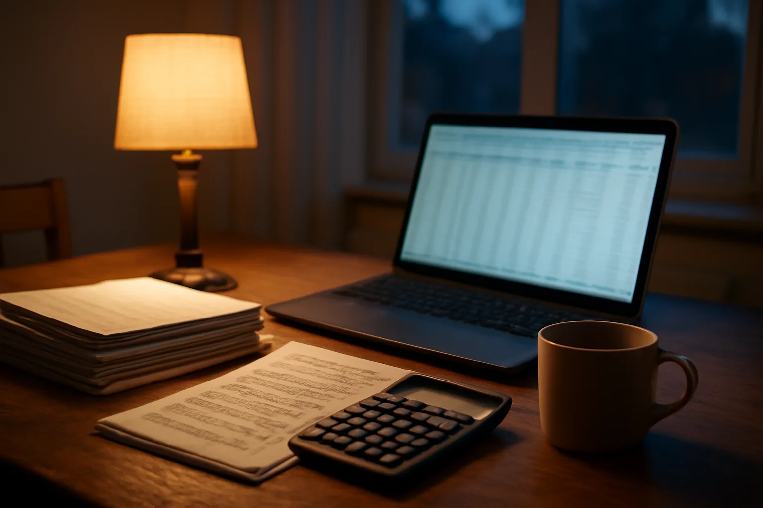 Treasurer's desk with bank statements and calculator while reviewing 990-EZ instructions