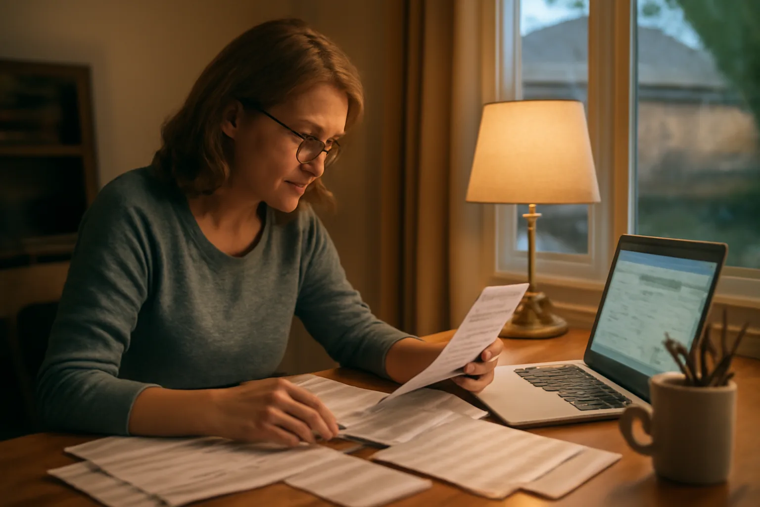 Volunteer treasurer organizing financial documents at home office desk