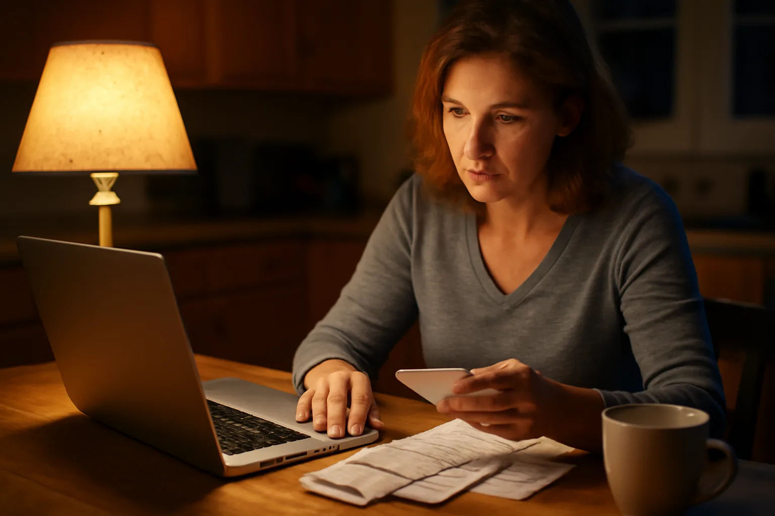 Volunteer treasurer reviewing receipts and a laptop while filing 990-N forms at home