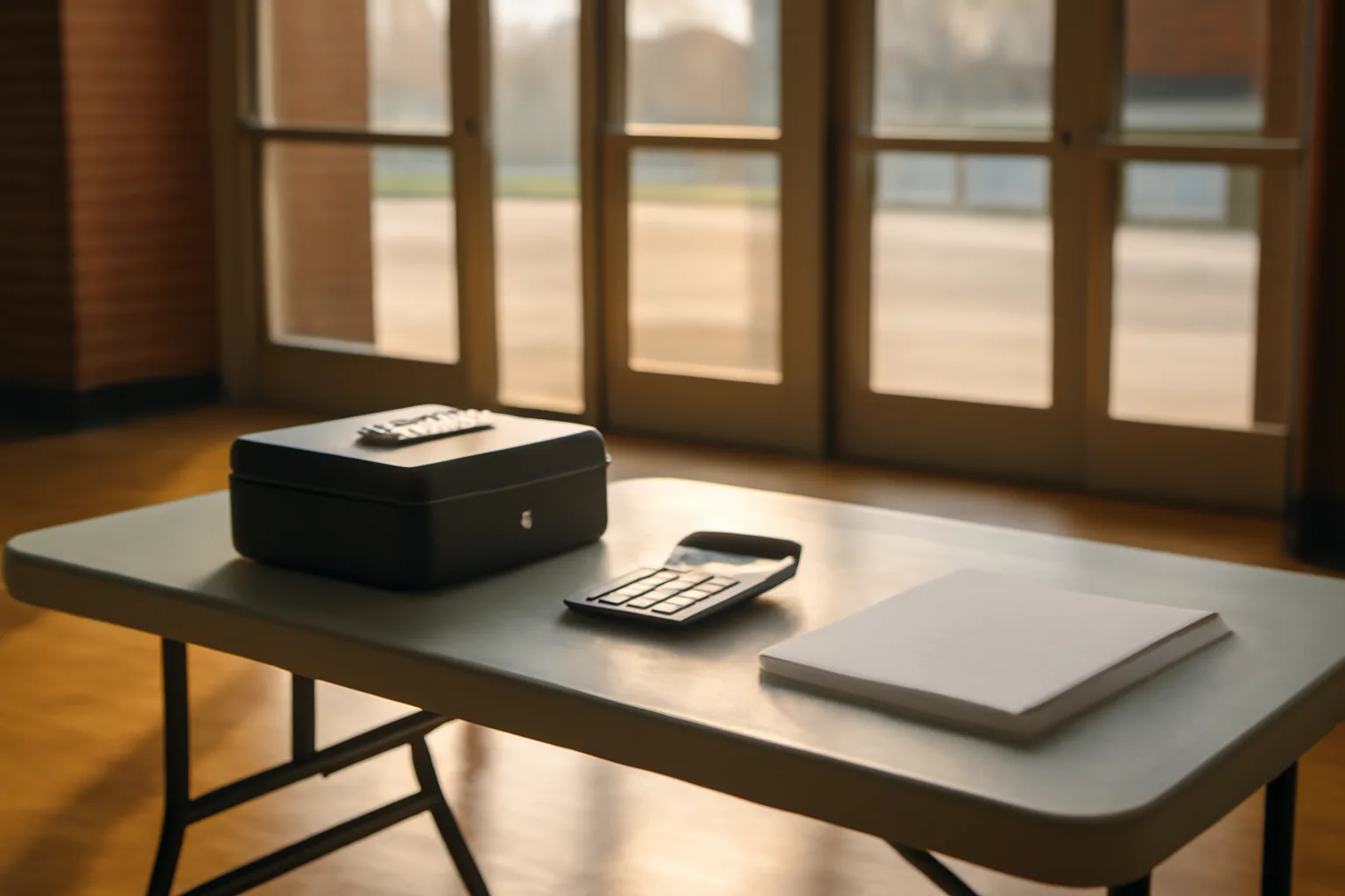 Cash box and calculator on a folding table representing 990-N filing for a booster treasurer