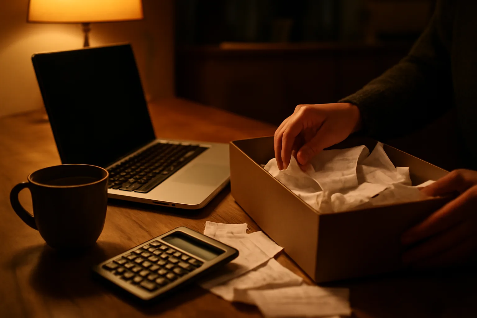 Volunteer treasurer sorting receipts and a laptop at a kitchen table at night