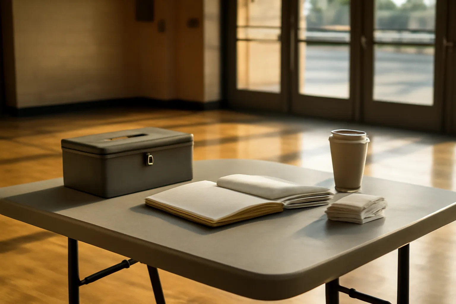 Folding table with cash box and ledger notebook for a booster club meeting