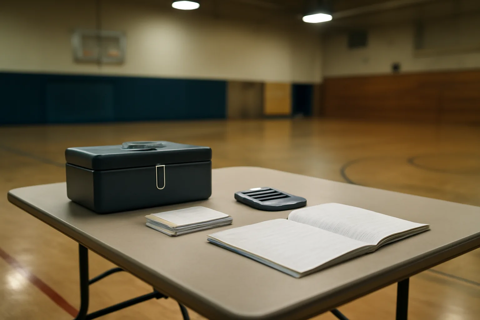 Treasurer's cash box, receipts, and ledger on a folding table at a school gym