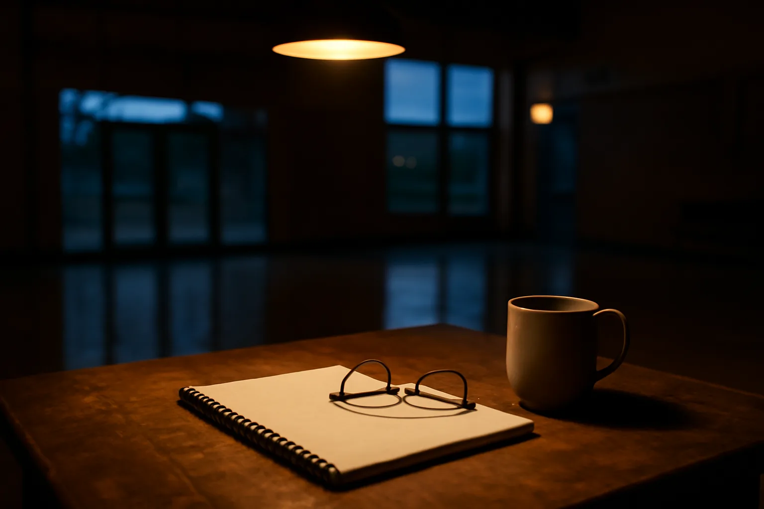 Wooden table with folder and coffee mug in dim gymnasium lobby light