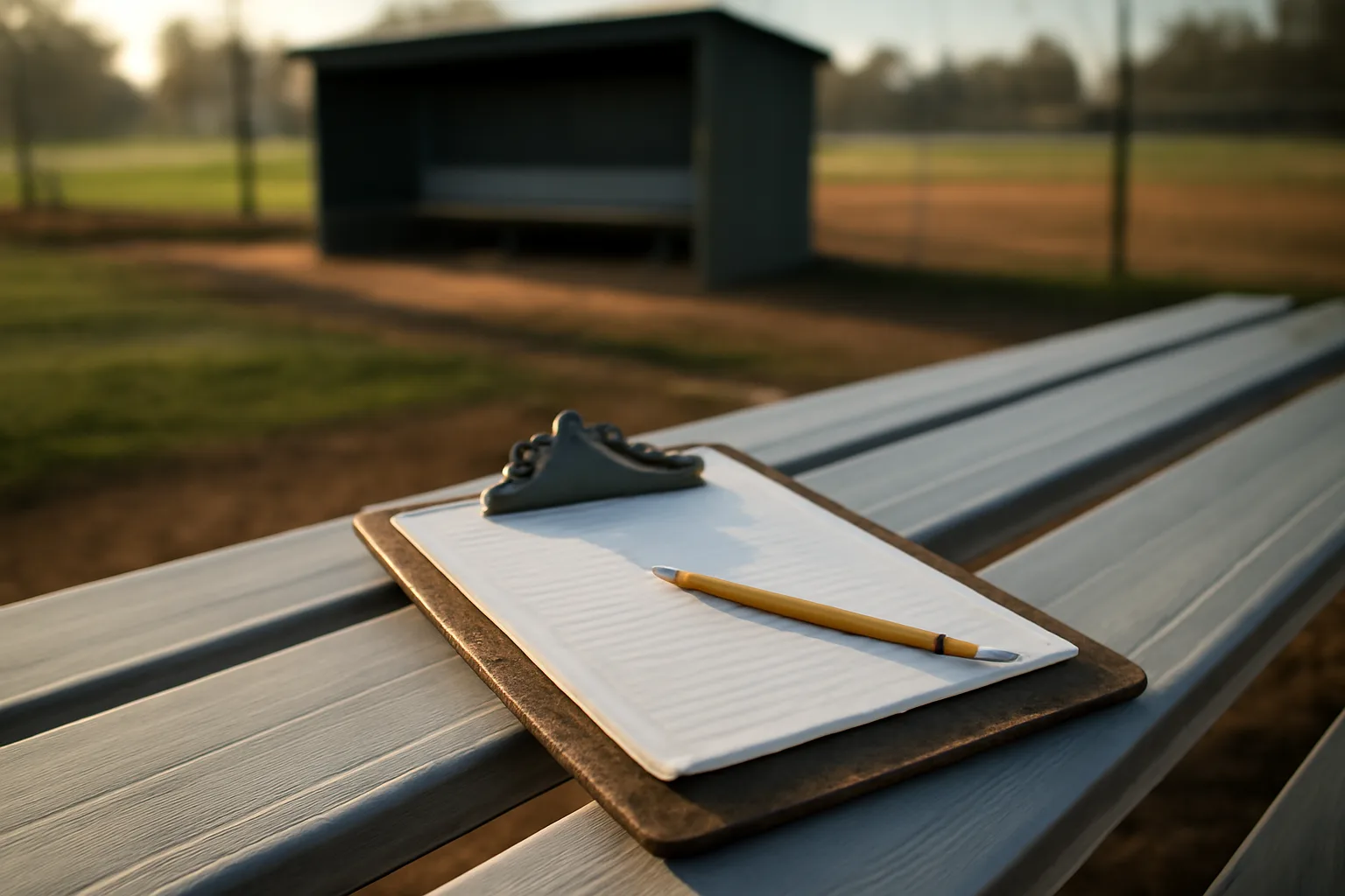 Ledger notebook and pencil on bleachers at a youth baseball field in morning light