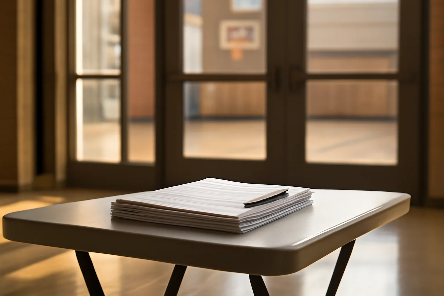Printed documents and a pen on a table in a school gym lobby