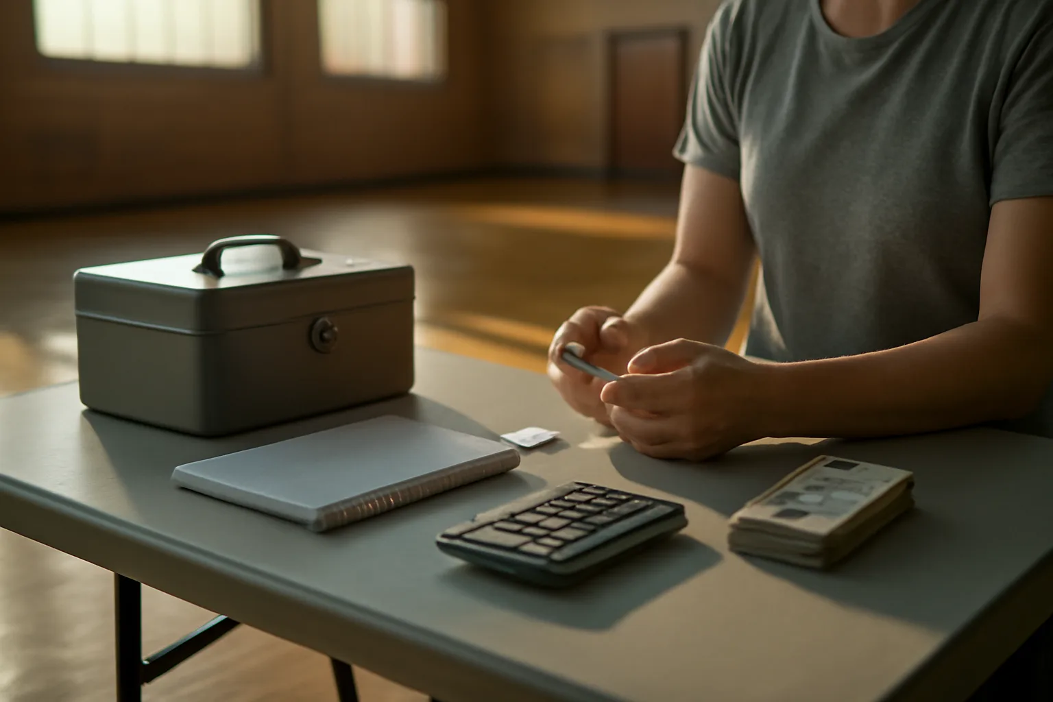Volunteer treasurer counting cash and receipts at a folding table after a fundraiser
