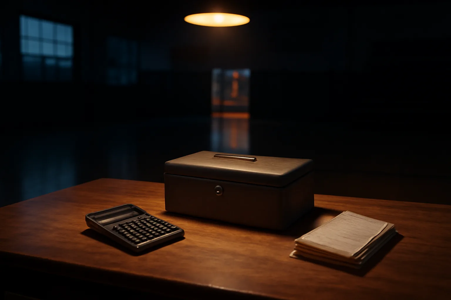 Treasurer's desk with cash box, calculator, and receipts in a school gym lobby
