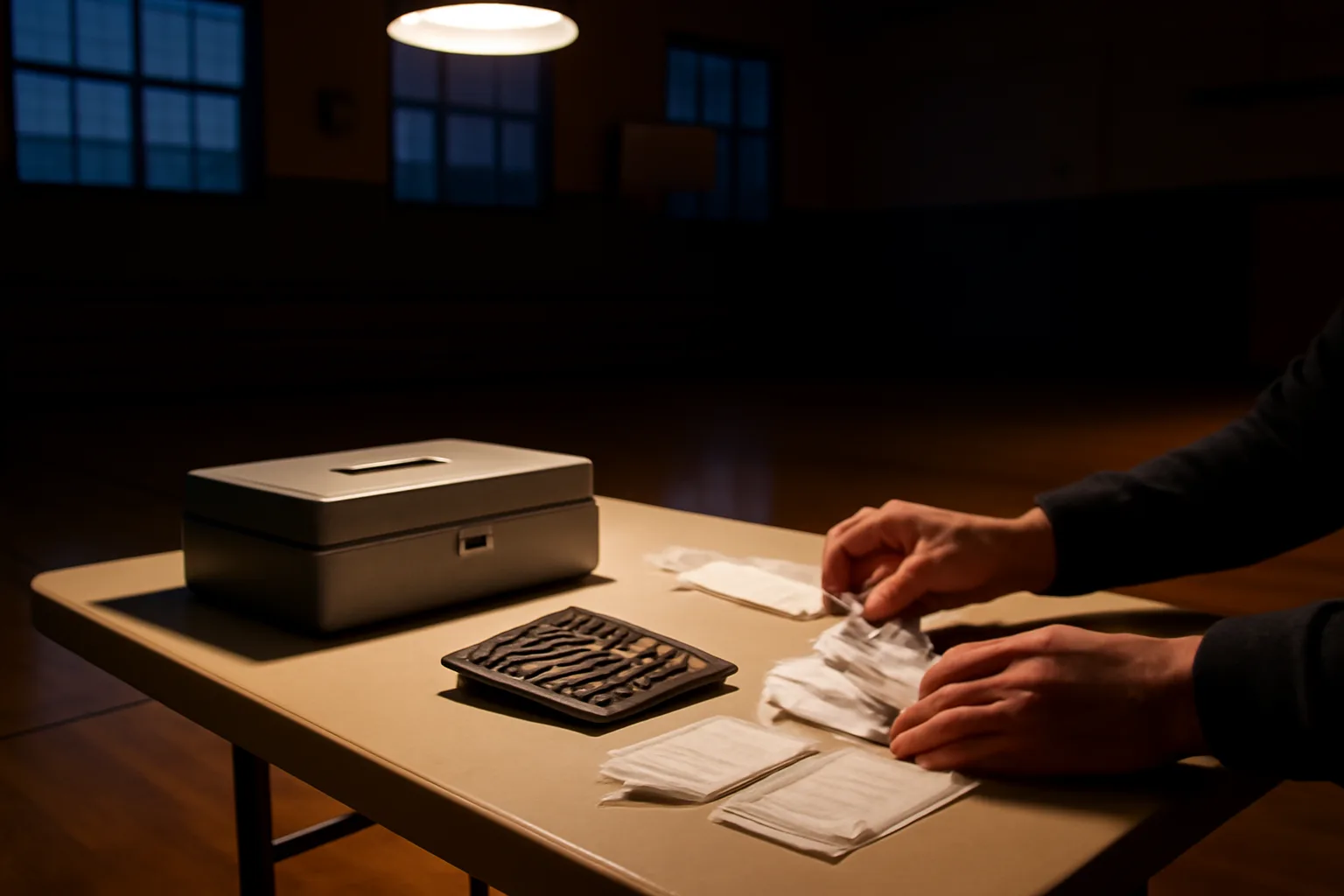 Volunteer treasurer counting cash and receipts at a folding table after a fundraiser