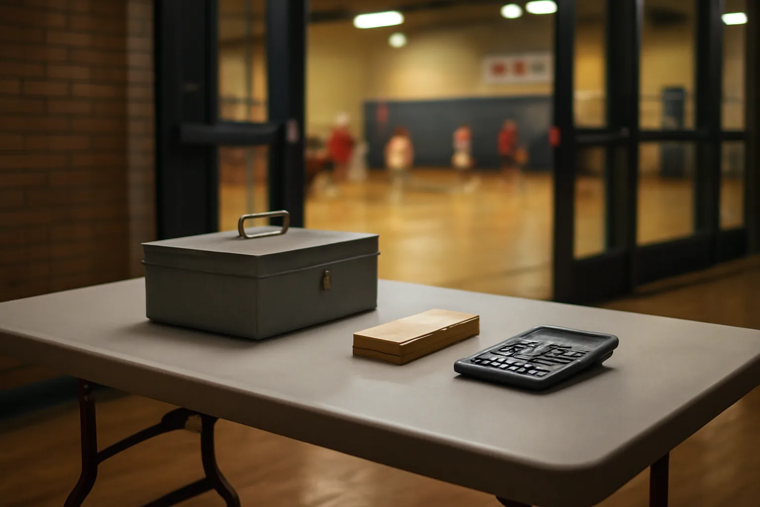 Volunteer treasurer's cash box and ticket stack on a folding table before a school game