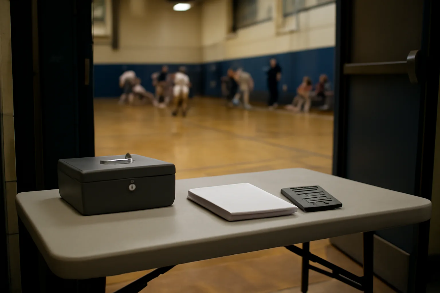 Volunteer treasurer's cash box and notebook on a folding table at a school event