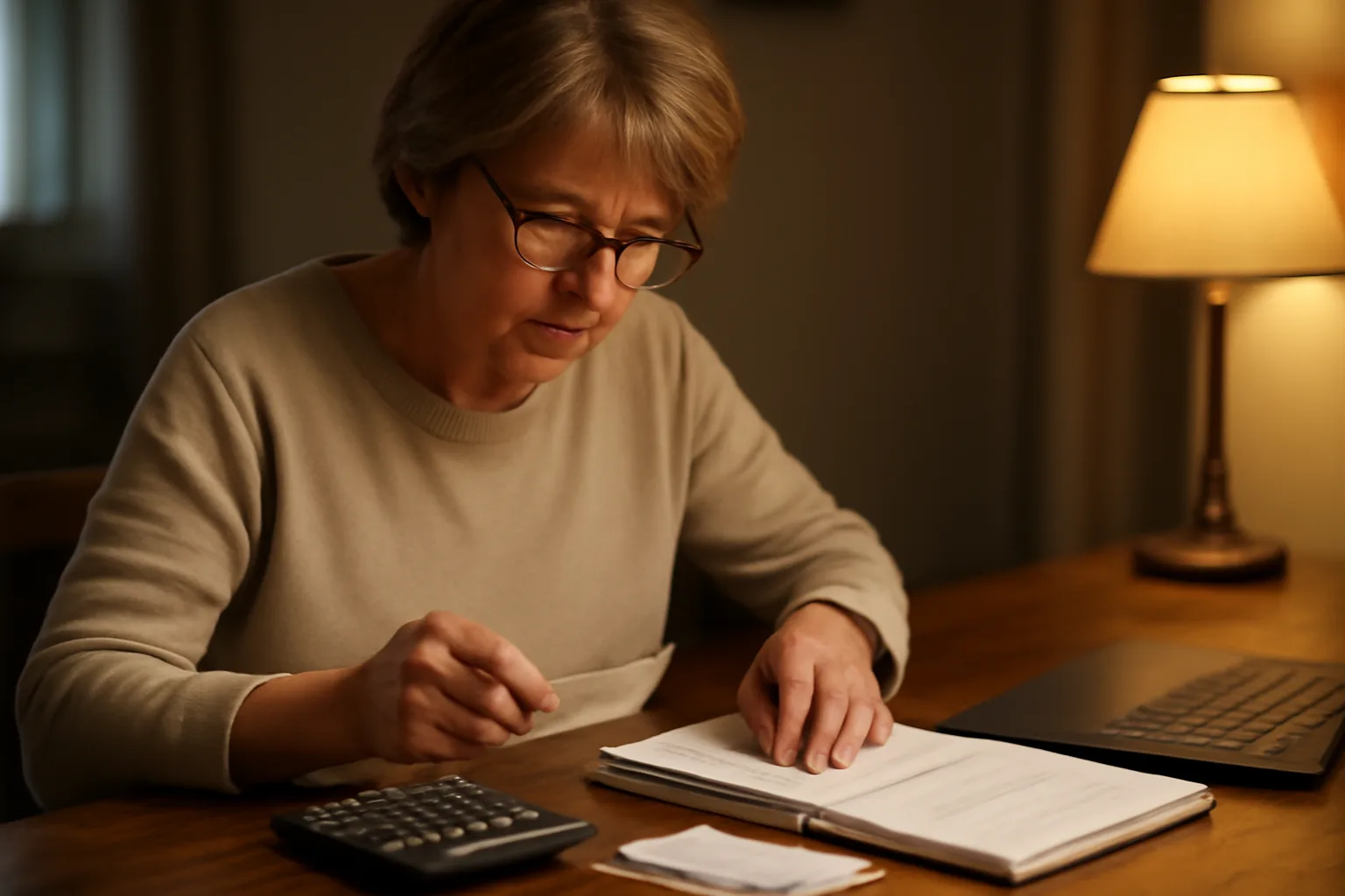 Volunteer board treasurer sorting receipts and reviewing a ledger binder at home