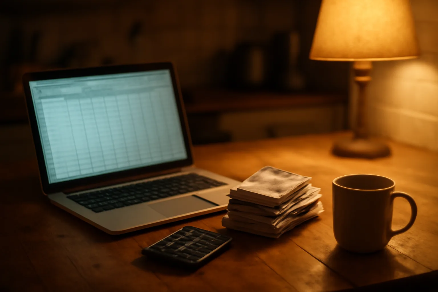 Volunteer board treasurer's workspace with laptop, receipts, and calculator at night