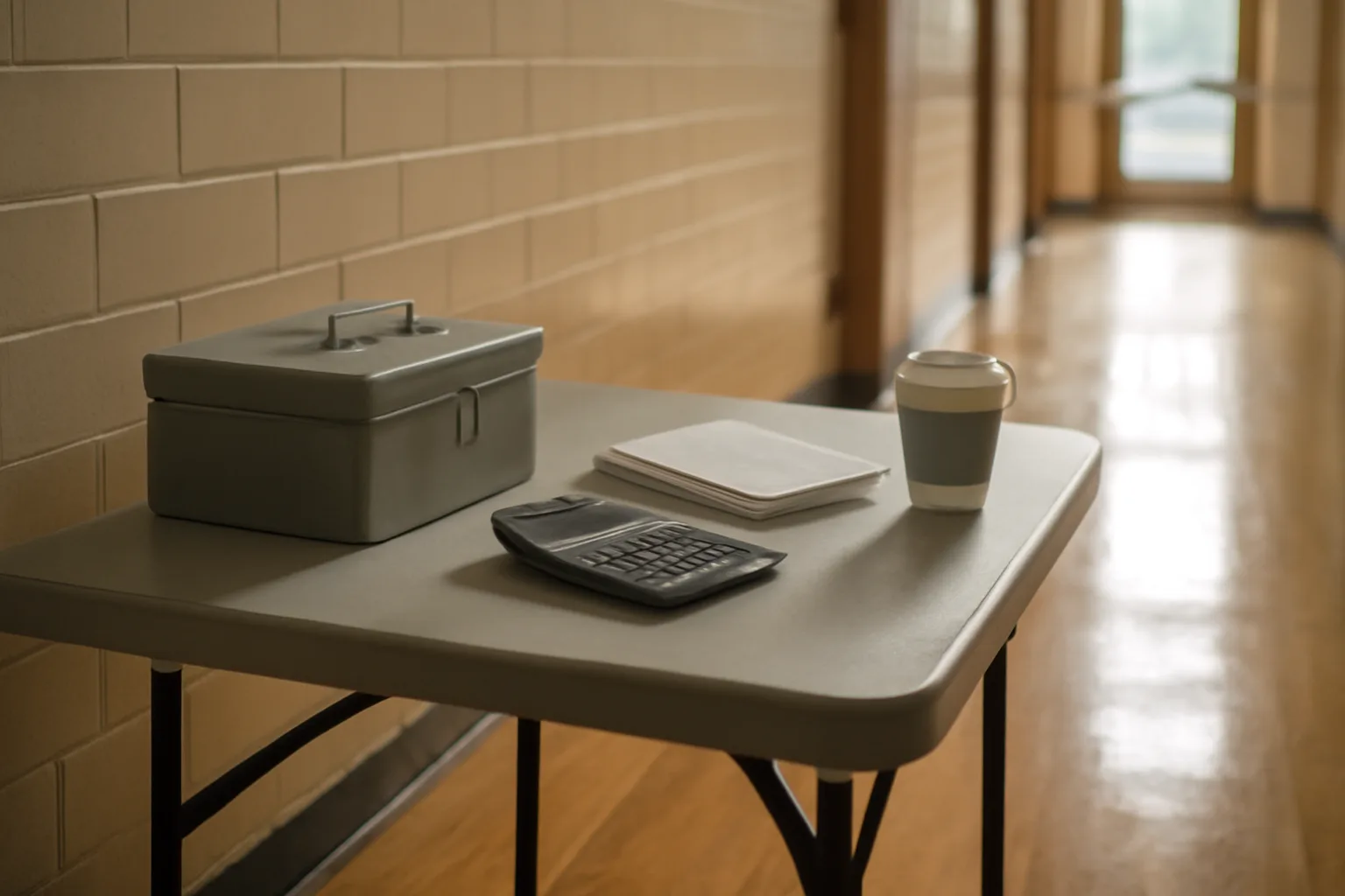 Treasurer's folding table with cash box and bank statements in a school hallway