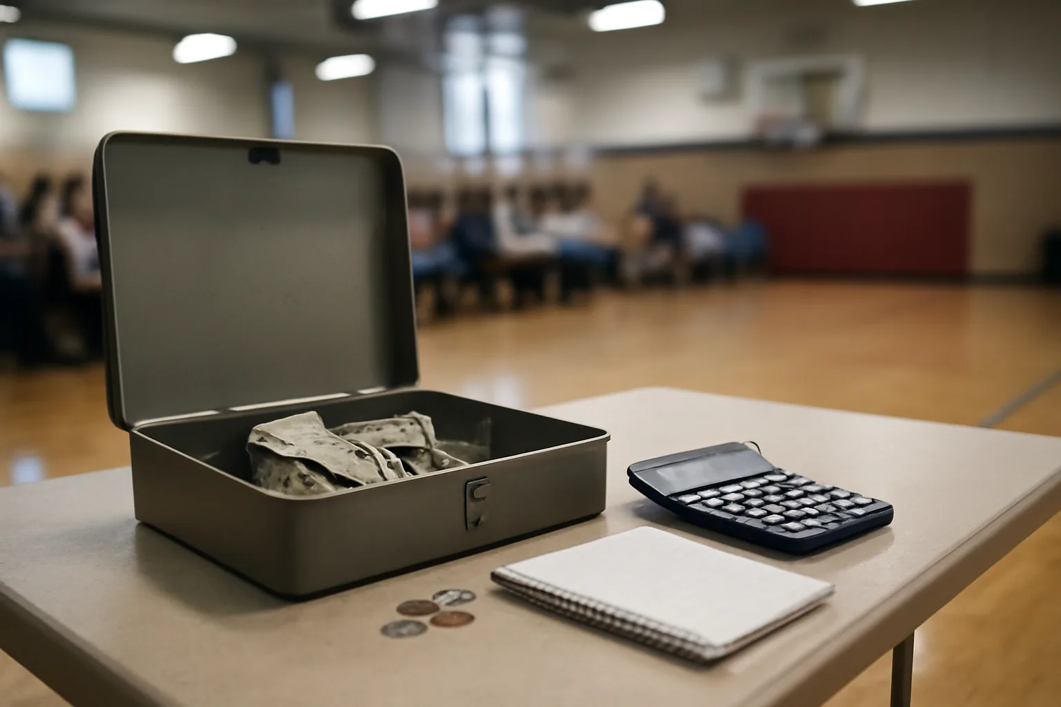 Volunteer treasurer counting cash at a folding table during a booster club fundraiser