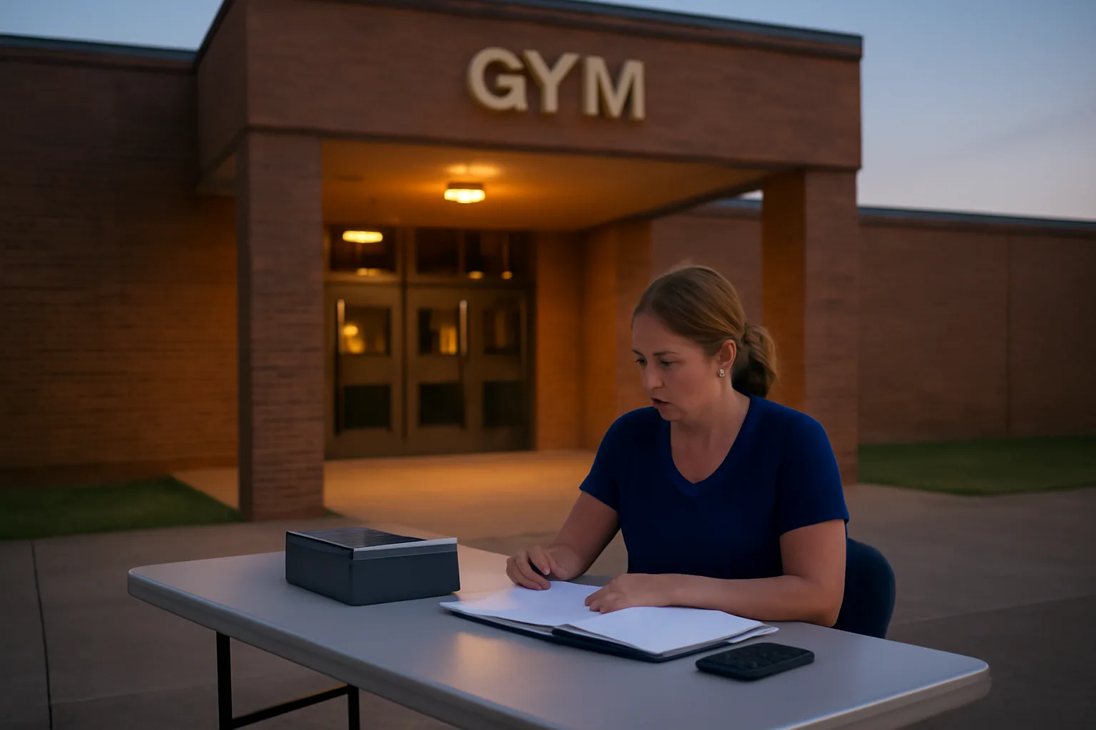 Volunteer treasurer organizing booster club paperwork and cash box at a school event table