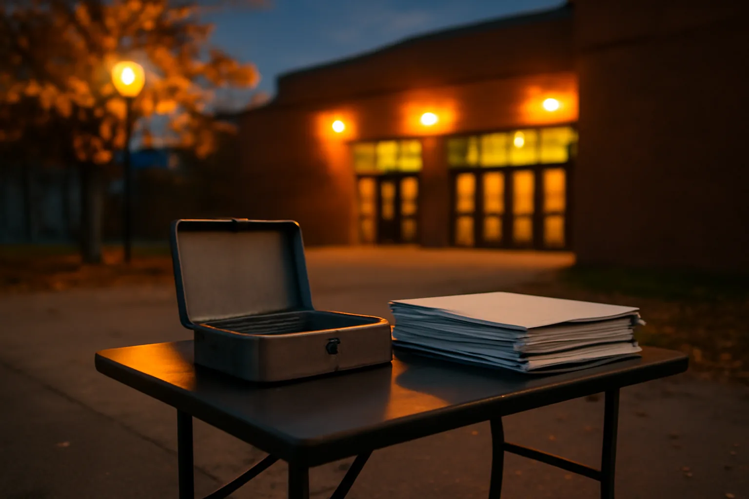 Cash box and blank binders on a folding table outside a school gym at dusk