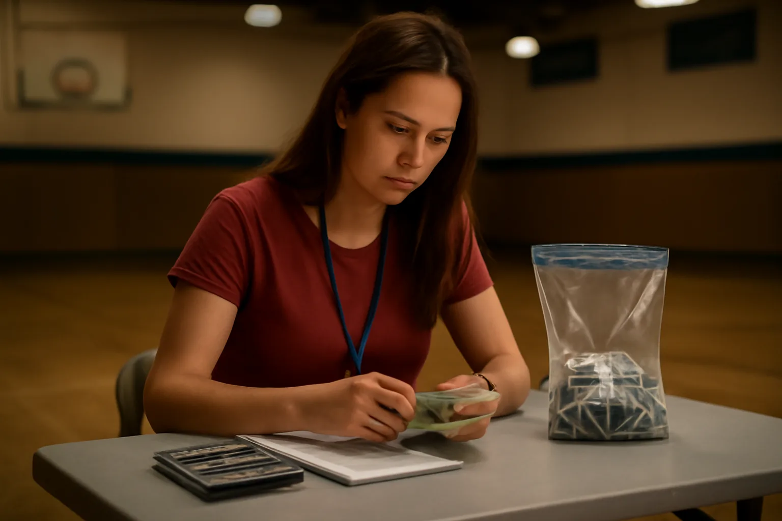 Booster club treasurer counting cash into a deposit bag at a folding table