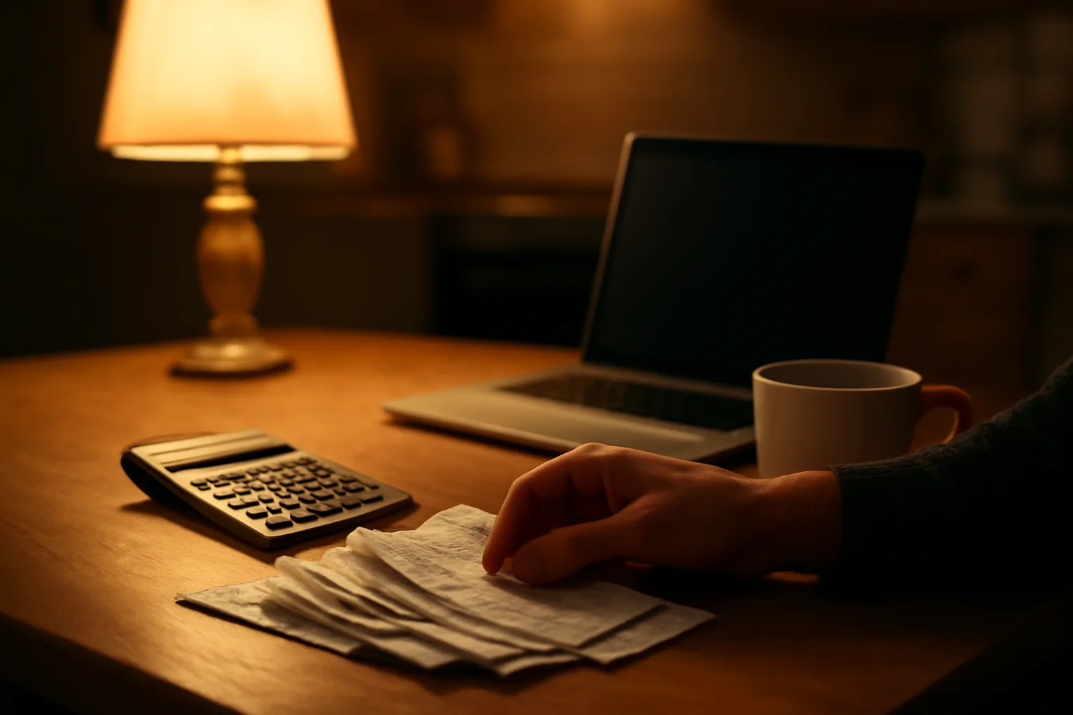 volunteer treasurer sorting receipts and using a laptop at a kitchen table at night