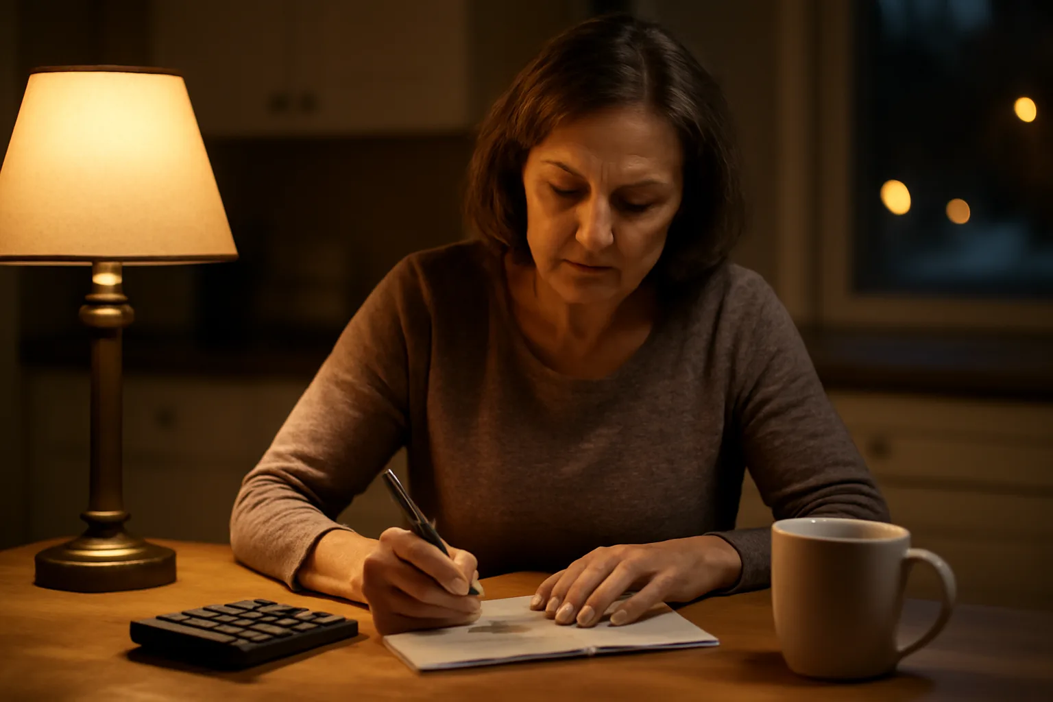 Volunteer treasurer reviewing a booster club ledger at a kitchen table at night