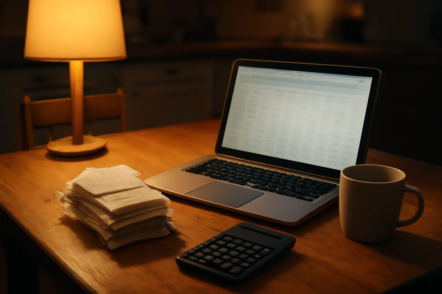 Volunteer treasurer working on a booster club treasurer spreadsheet at a kitchen table at night