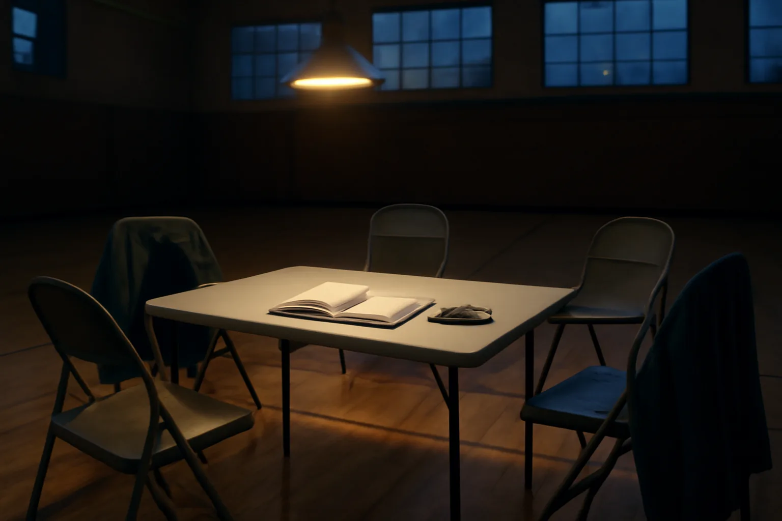 Folding table set up for a booster meeting with a ledger and calculator under gym lighting