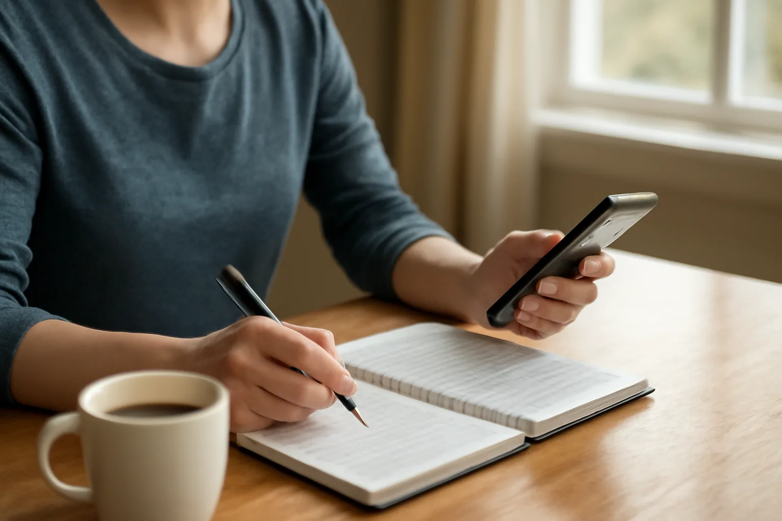Volunteer treasurer reviewing booster club Venmo payments and a paper ledger at home