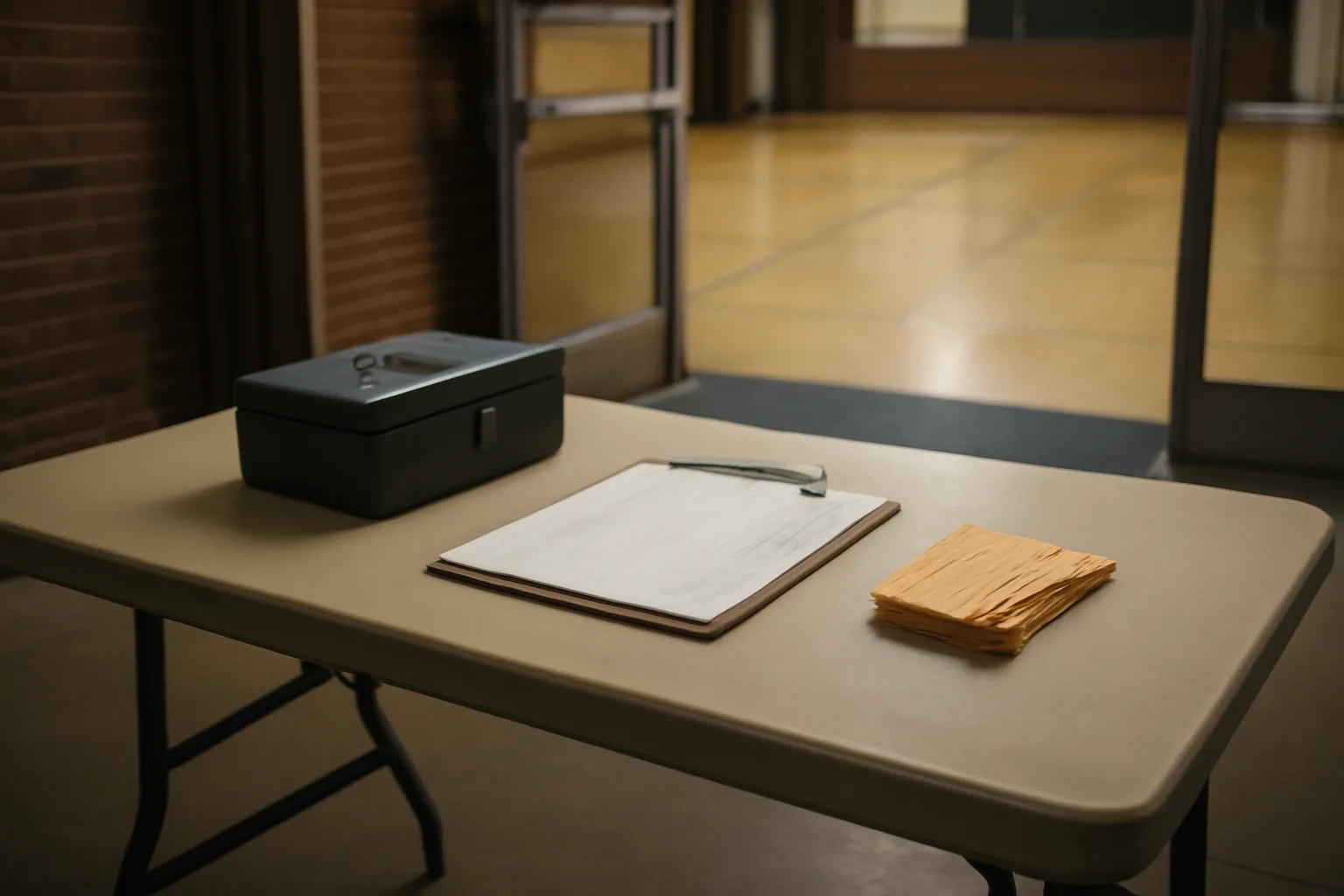 Volunteer treasurer's cash box and ledger on a folding table at a school gym fundraiser