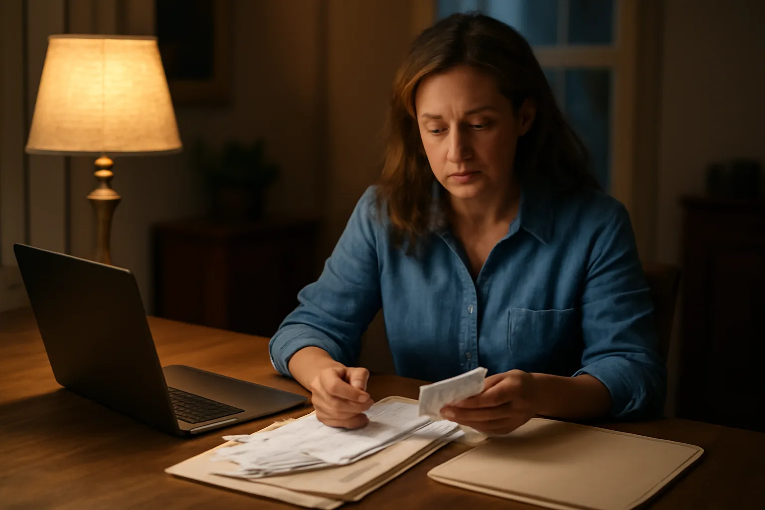 Volunteer treasurer sorting paper receipts and folders at a kitchen table