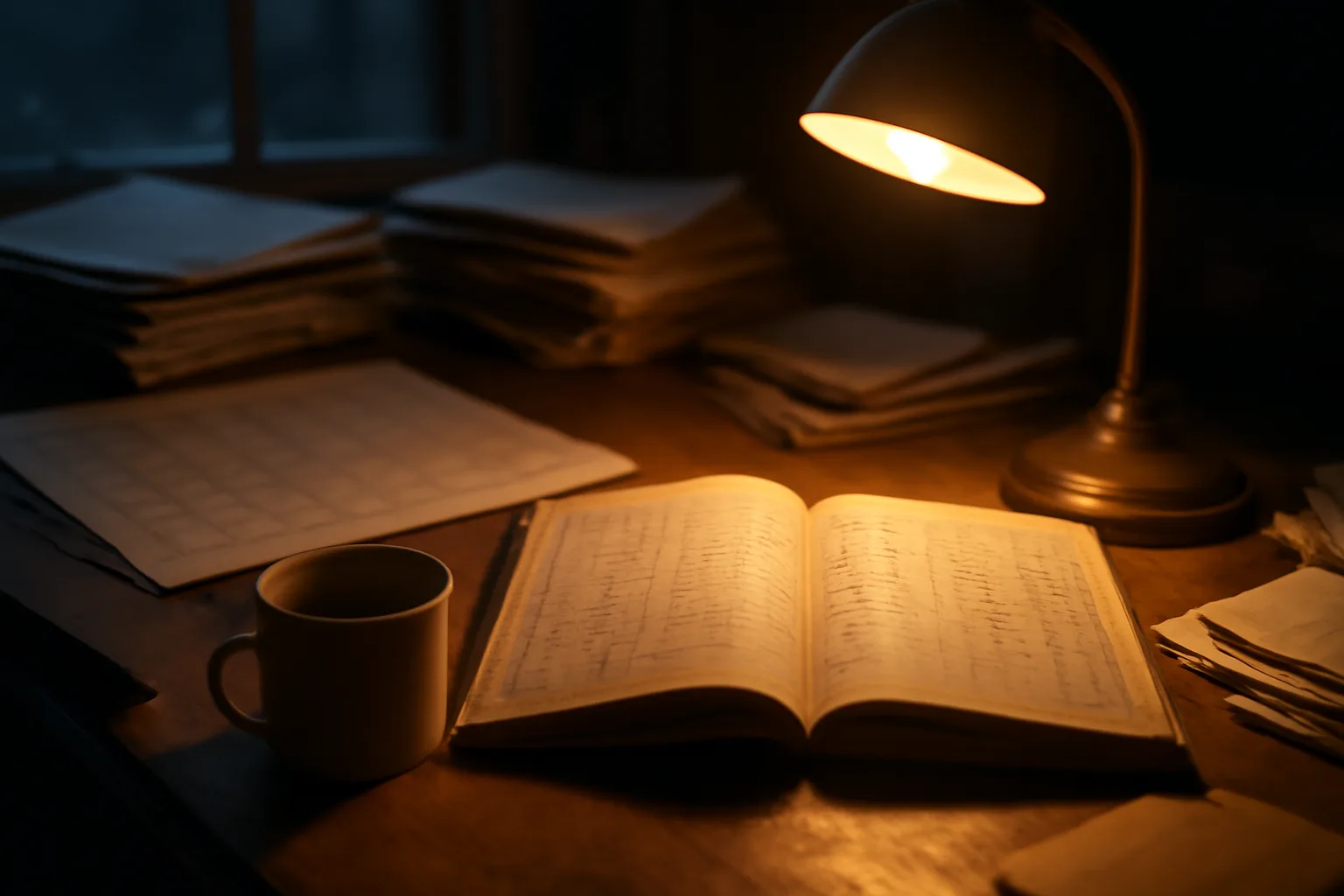 Volunteer treasurer's desk with ledger book and calendar under lamp light