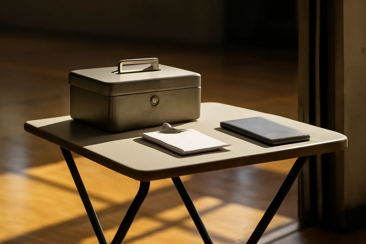 Cash box, receipts, and checkbook on a folding table, representing treasurer versus CFO duties