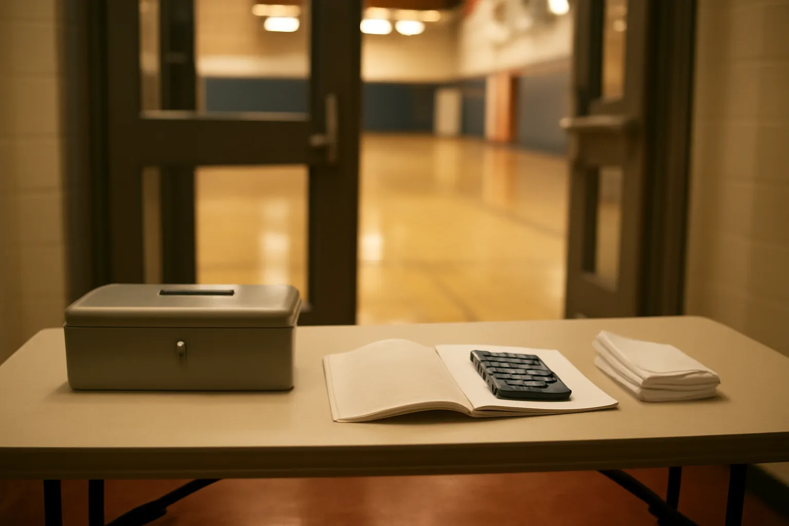 Volunteer corporation treasurer's cash box and ledger on a folding table before an event