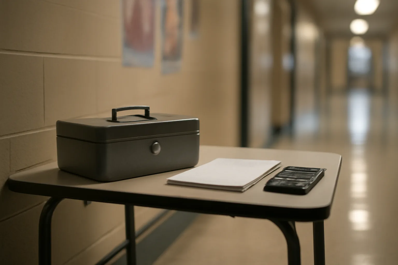 Treasurer's cash box and notebook on a folding table before a dance recital