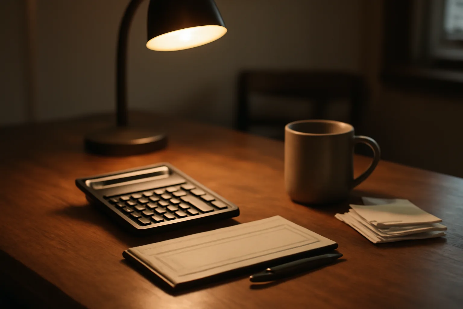 Desk lamp lighting a checkbook and calculator, illustrating the definition of a treasurer's paperwork