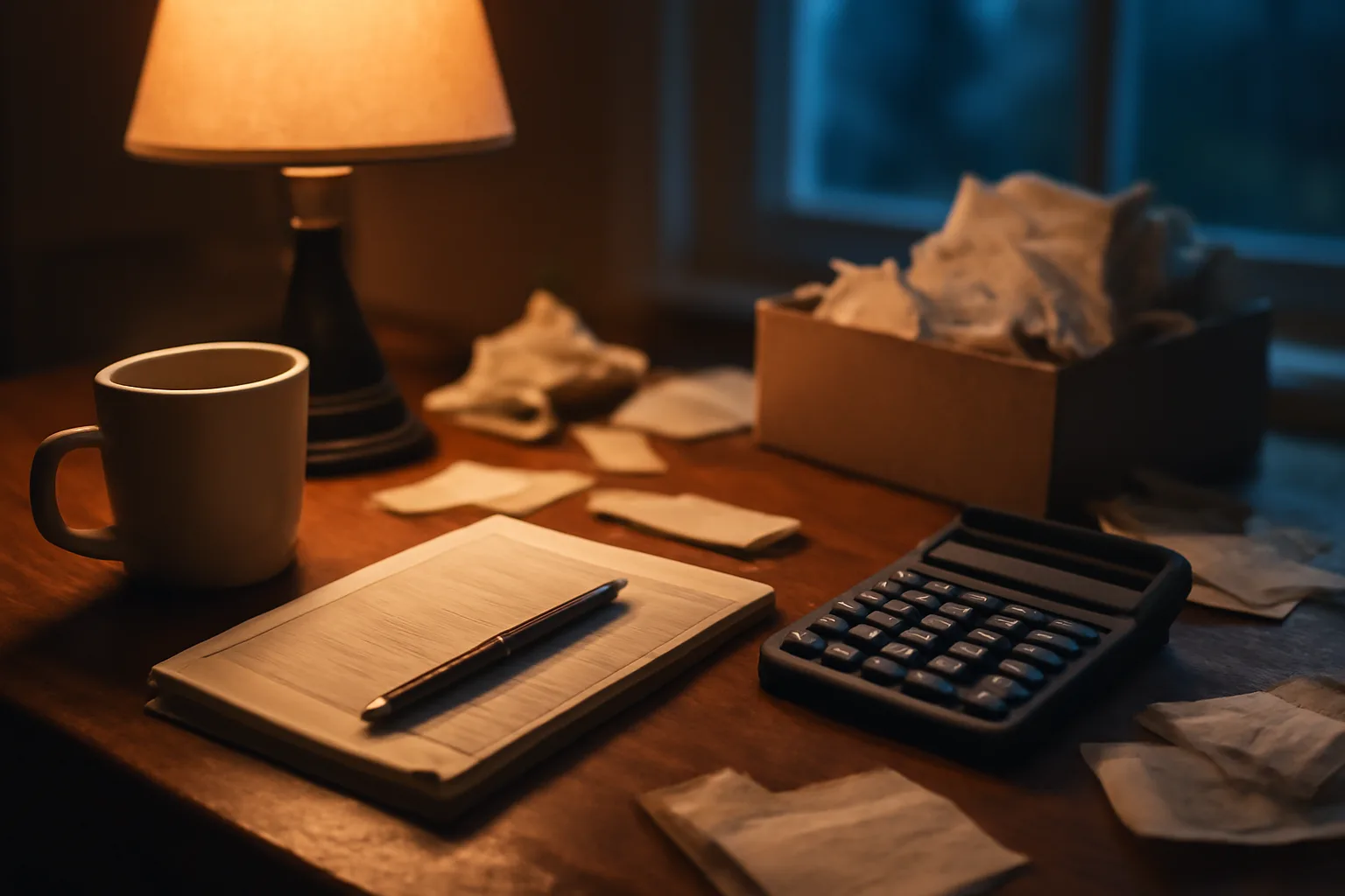 Volunteer treasurer's desk with calculator, checkbook, and a shoebox of receipts