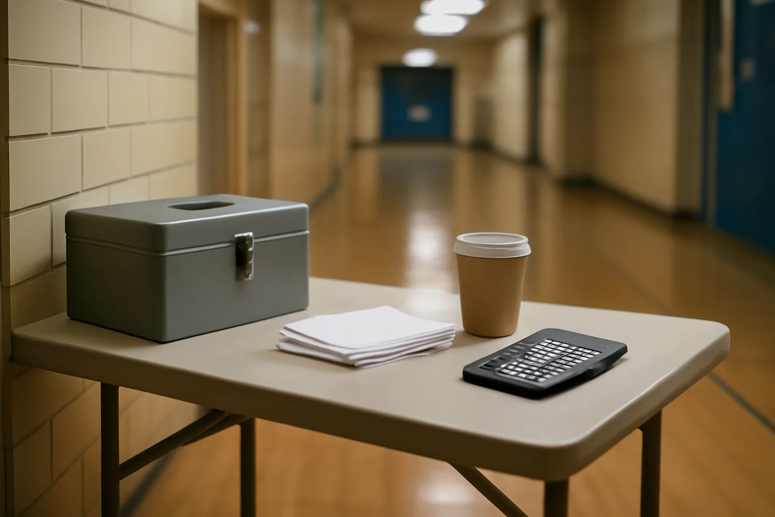 Cash box, receipts, and calculator on a folding table for booster club treasurer duties