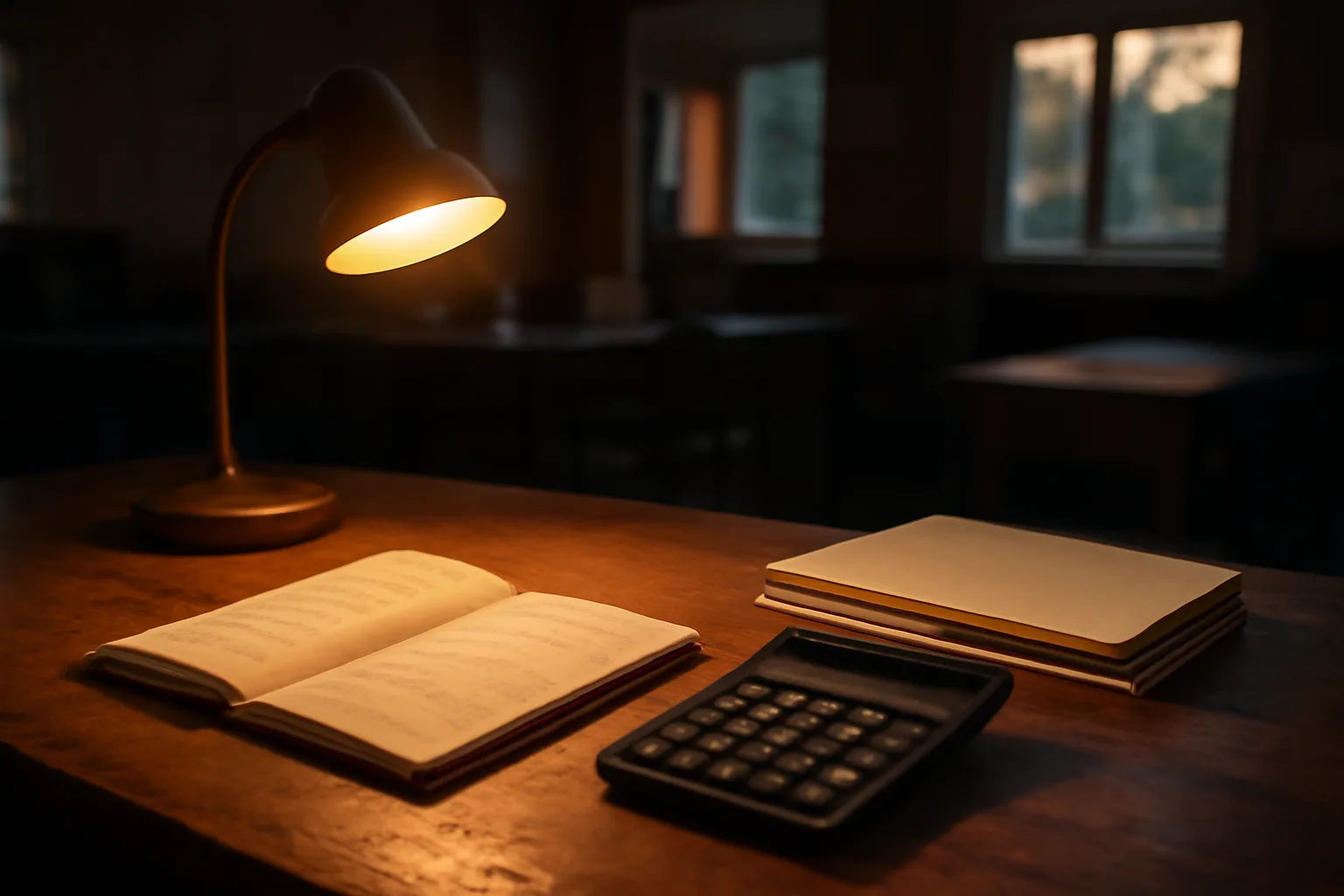 Desk lamp lighting a ledger and calculator, illustrating nonprofit treasurer duties at night