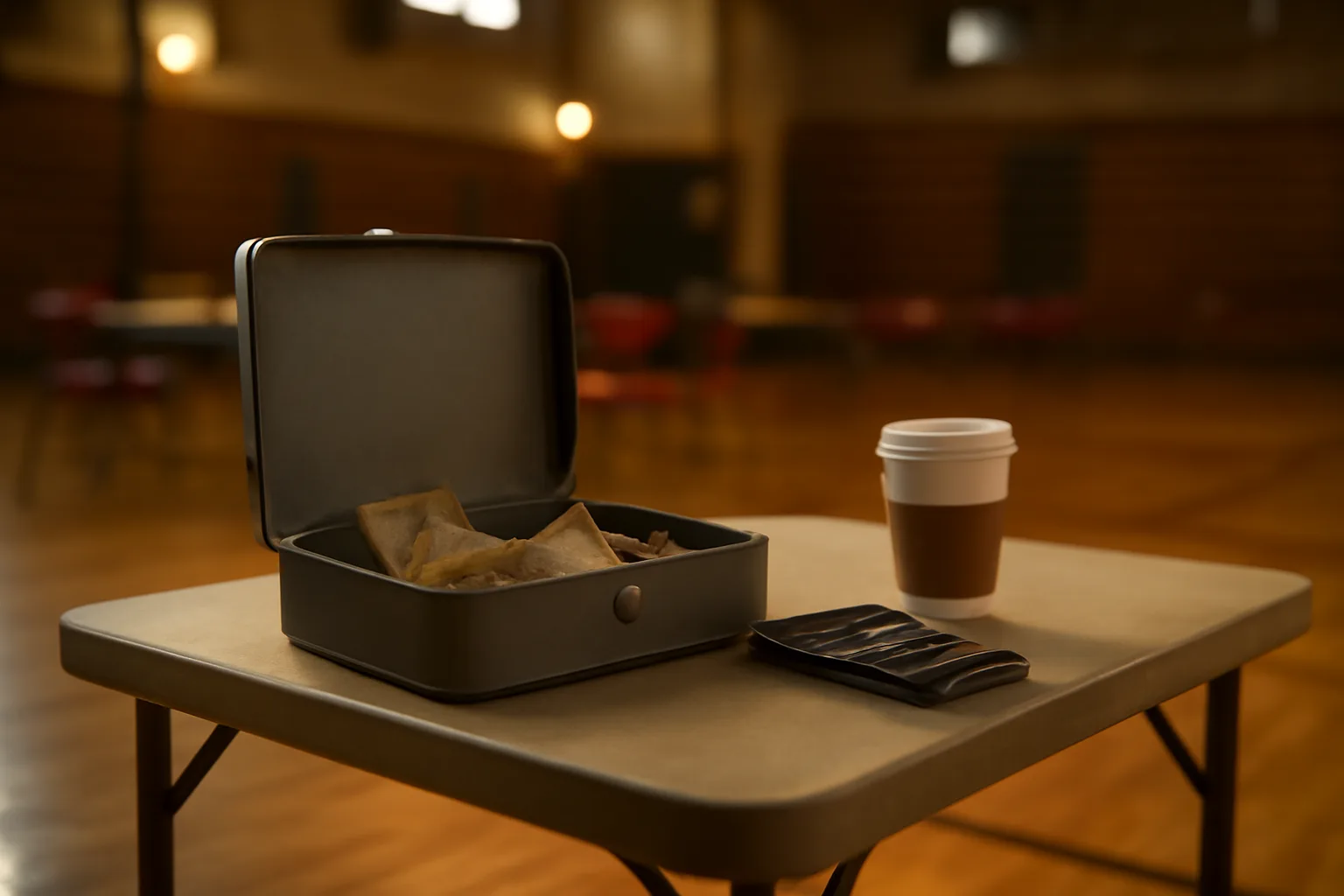 Volunteer treasurer's cash box and calculator on a folding table at a school fundraiser