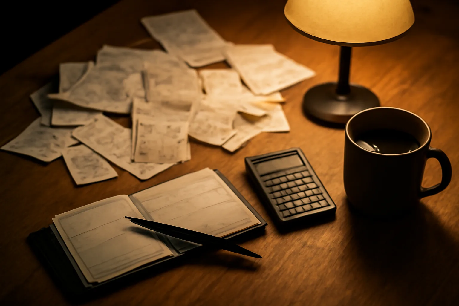 Volunteer treasurer's desk with receipts, calculator, and checkbook under lamp light