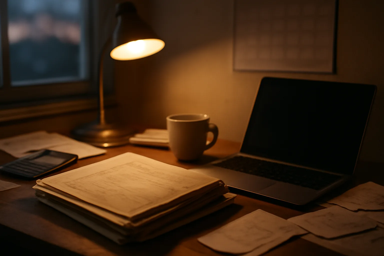 Treasurer's desk with old bank statements and laptop, researching filing form 990-n for prior tax years