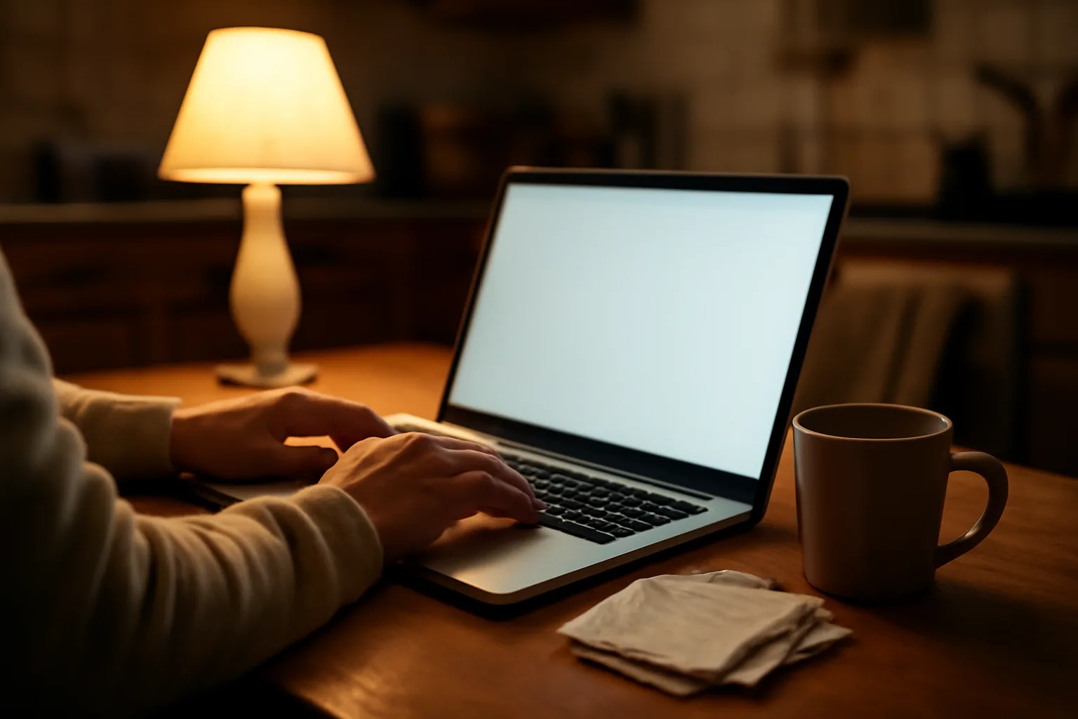 Volunteer treasurer at a kitchen table filing taxes on a laptop at night