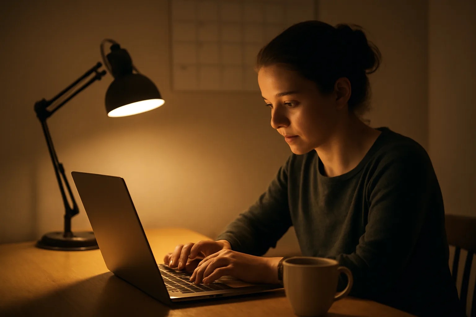 Volunteer treasurer working at a laptop at night filing nonprofit paperwork