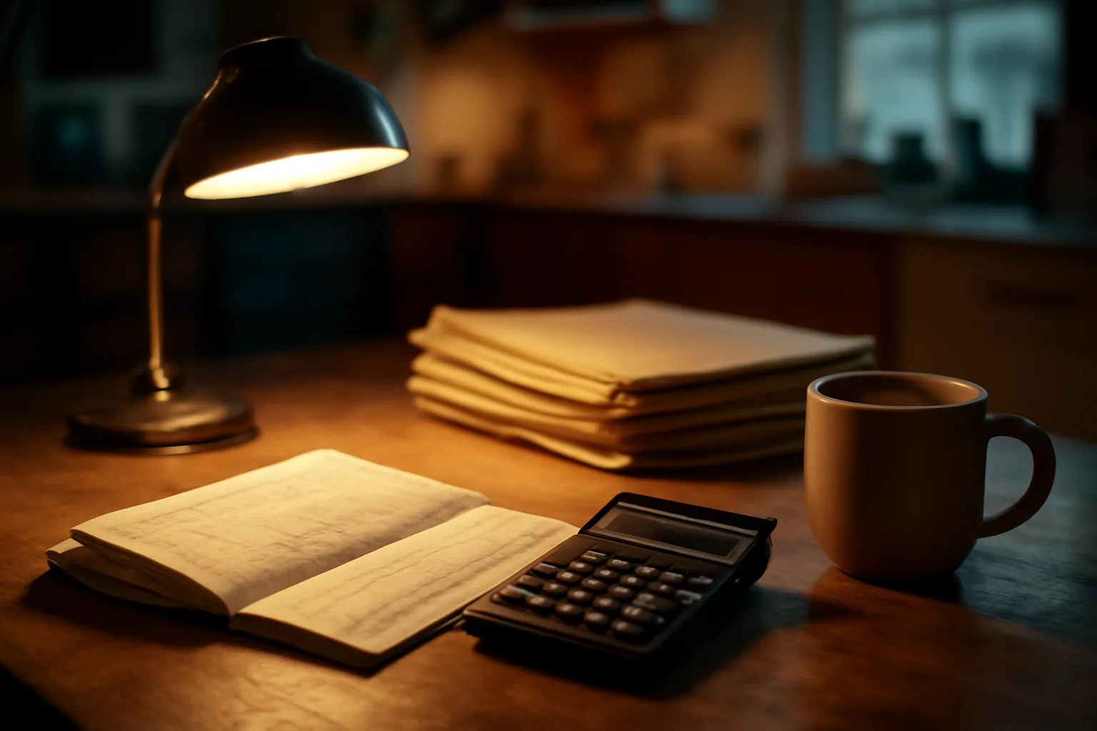 Kitchen table workspace with ledger, calculator, and folders for federal 990 filing