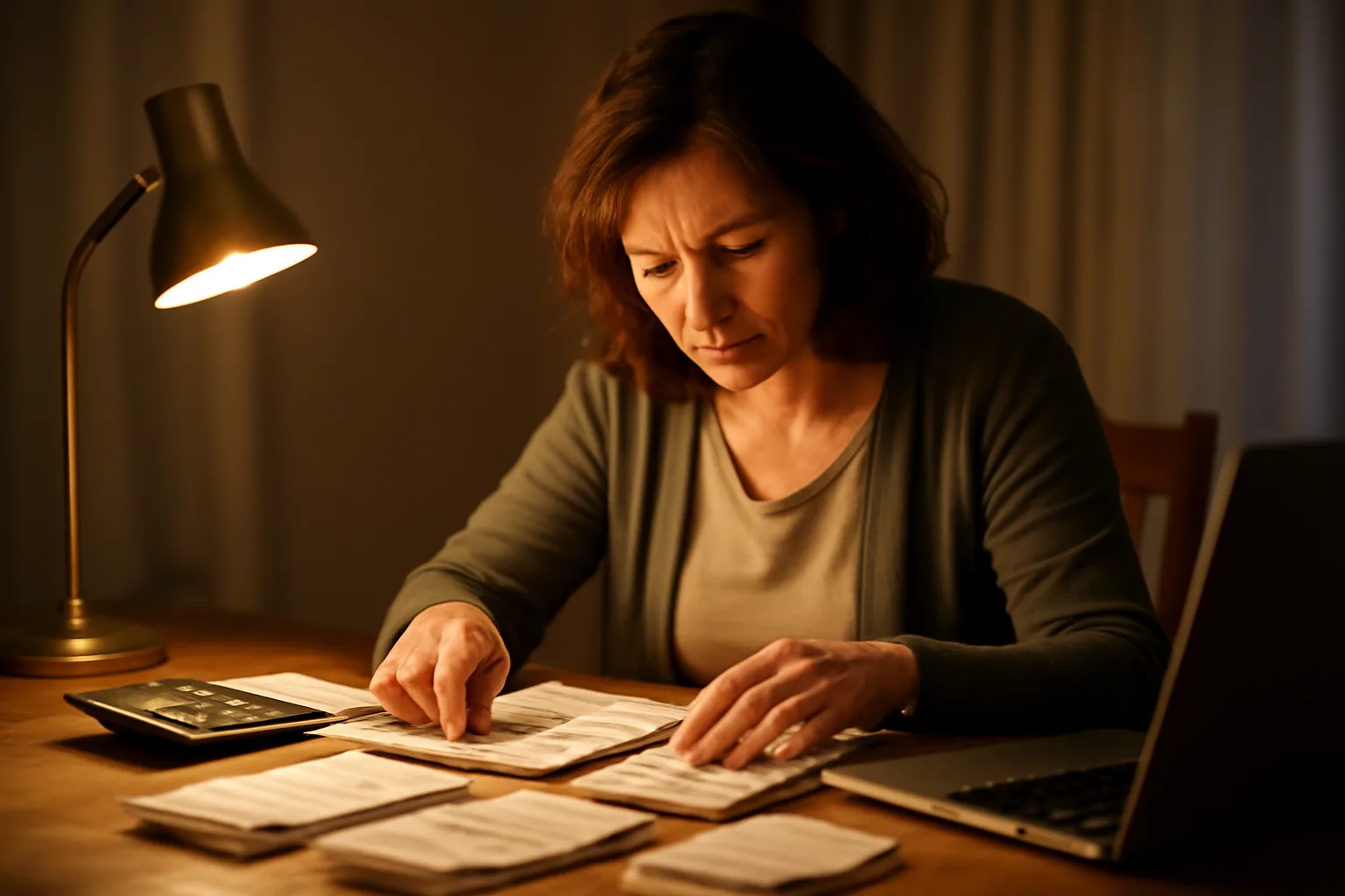 volunteer treasurer sorting receipts and bank statements at a kitchen table for federal form 990 filing