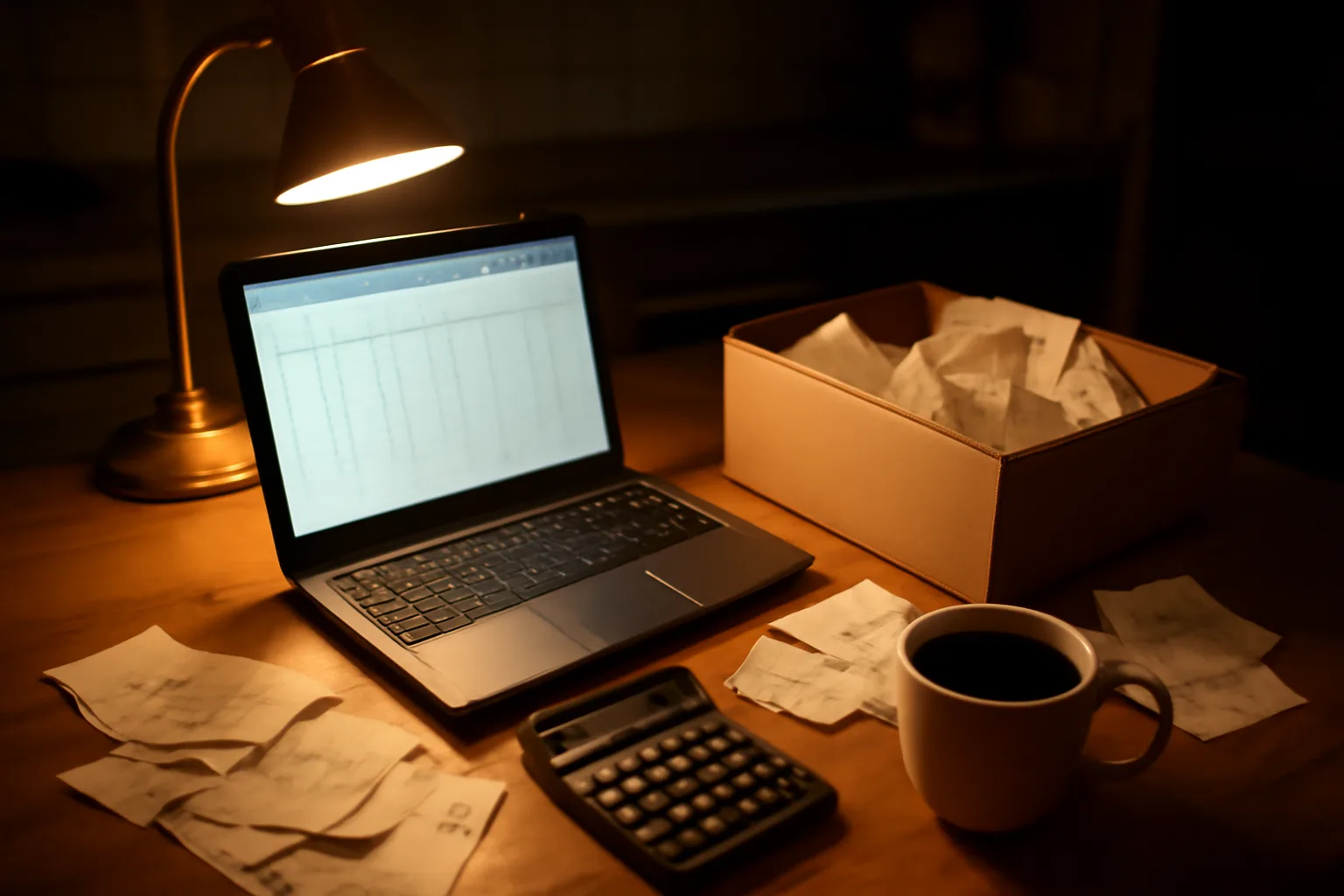 Volunteer treasurer's kitchen table workspace with laptop, receipts, and calculator at night