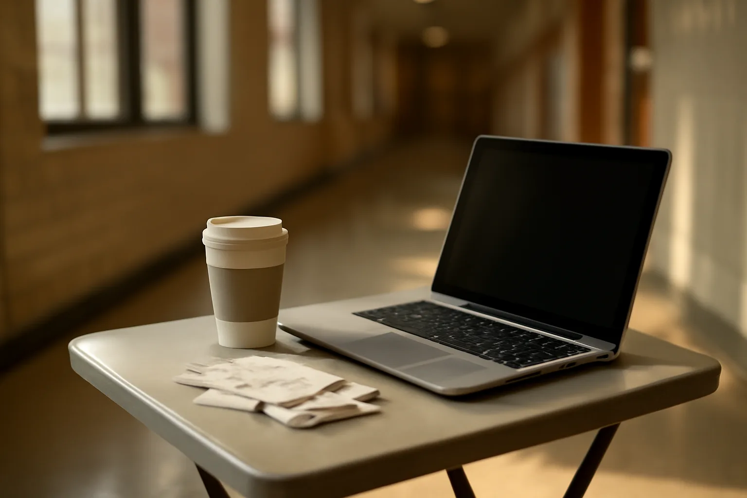 laptop and receipts on a folding table used to file the 990 postcard