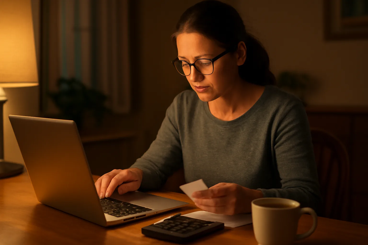 Volunteer treasurer at a laptop late at night filing nonprofit paperwork with a coffee mug