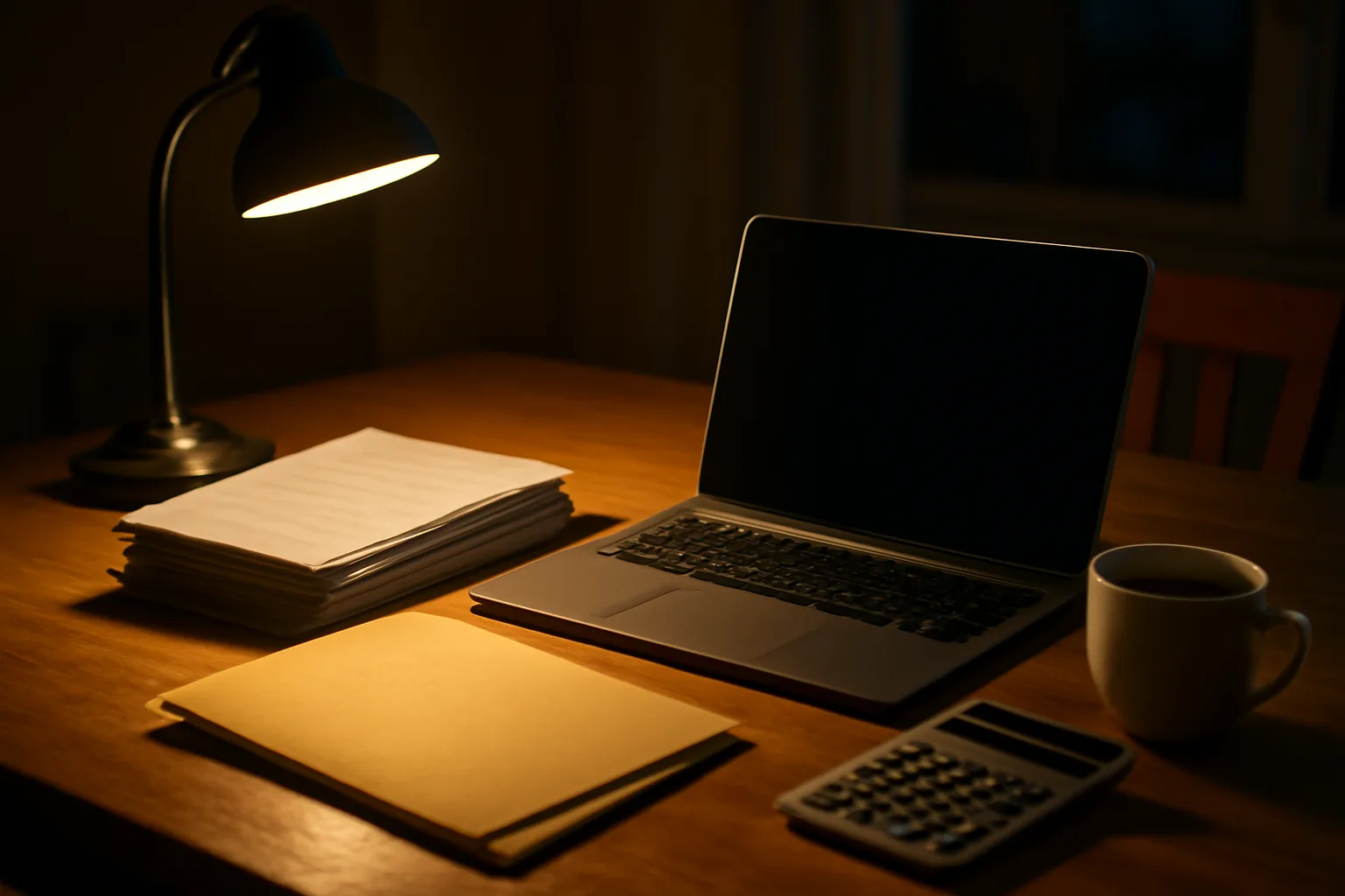 Volunteer treasurer working late at a kitchen table on nonprofit filing paperwork