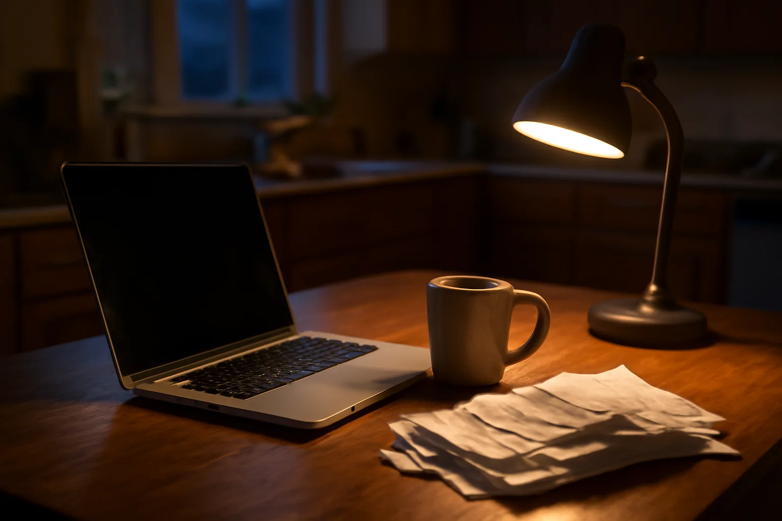 Laptop and receipts on a kitchen table at night, representing filing a 990-N